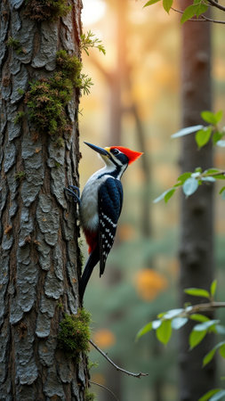 Vibrant red-crested woodpecker perched on tree with sunlit forest background. That the image is generated using AI.の素材