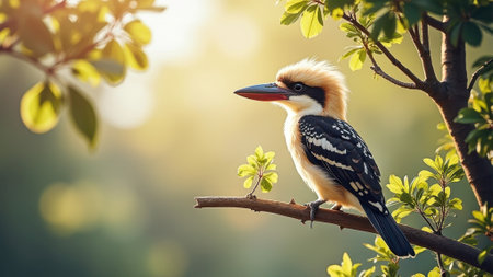 Vibrant kingfisher on branch amid lush greenery at sunset. That the image is generated using AI.の素材