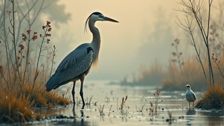 Serene heron and little bird at misty dawn wetland. That the image is generated using AI.の素材