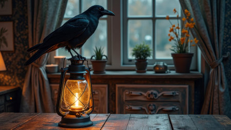 Raven perched on lantern in cozy vintage room with plants and window view. That the image is generated using AI.の素材