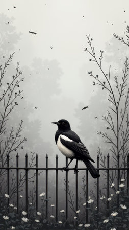 Elegant magpie perched on iron fence amid misty forest scene with delicate branches. That the image is generated using AI.の素材