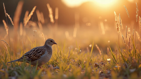Serene sunset with grassland bird amidst golden grasses. That the image is generated using AI.の素材