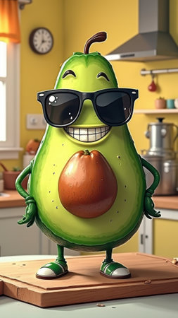 Cartoon avocado character with sunglasses in a kitchen setting. That the image is generated using AI.の素材