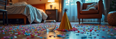 Room after celebration with party hat, confetti, and empty glass on floor. That the image is generated using AI.の素材