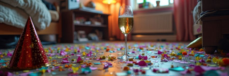 Champagne glass in room celebrating colorful party with confetti and hats. That the image is generated using AI.の素材