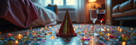 Festive room with hat, confetti, and candles celebration ambience. That the image is generated using AI.の素材