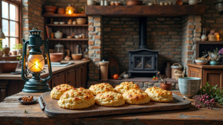 Freshly baked biscuits on wooden tray in rustic kitchen setting. That the image is generated using AI.の素材