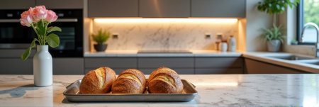 Freshly baked bread loaves on kitchen counter with marble surface and pink roses. That the image is generated using AI.の素材