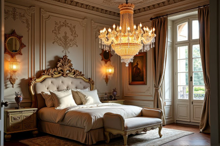Luxurious vintage bedroom with elegant chandelier and classic decor. That the image is generated using AI.の素材
