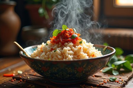 Steaming bowl of rice topped with fresh herbs and spicy garnish. That the image is generated using AI.の素材