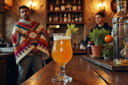 Craft beer with lime garnish in rustic bar setting with young caucasian males in background. That the image is generated using AI.の素材