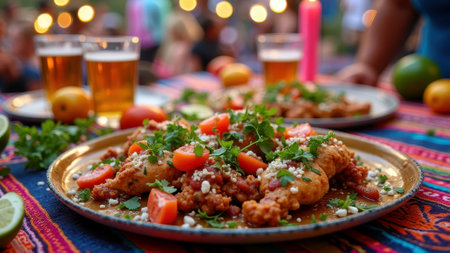 Vibrant outdoor feast with fried chicken, fresh tomatoes, and craft beer. That the image is generated using AI.の素材