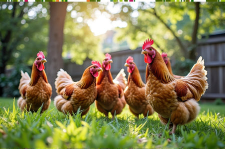 Group of chickens roaming a sunny backyard with lush green grass. That the image is generated using AI.の素材