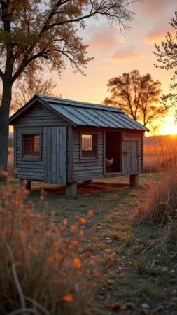 Rustic wooden chicken coop at sunset in autumn countryside setting. That the image is generated using AI.の素材