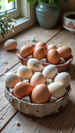 Organic farm fresh eggs in cardboard trays on wooden table. That the image is generated using AI.の素材