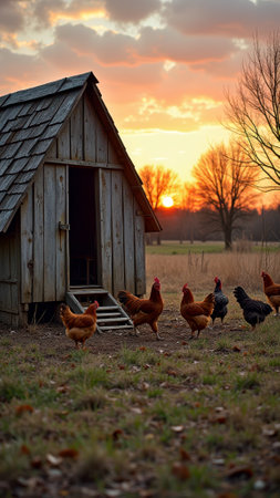 Rustic chicken coop at sunset with roaming chickens in countryside setting. That the image is generated using AI.の素材