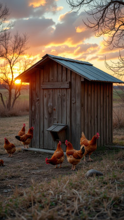 Wooden chicken coop at sunrise with roaming hens in rural countryside setting. That the image is generated using AI.の素材