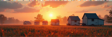 Sunset over rural landscape with small houses and vibrant orange sky. That the image is generated using AI.の素材