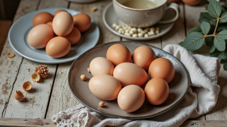 Fresh farm eggs on rustic table with tea and natural decor. That the image is generated using AI.の素材