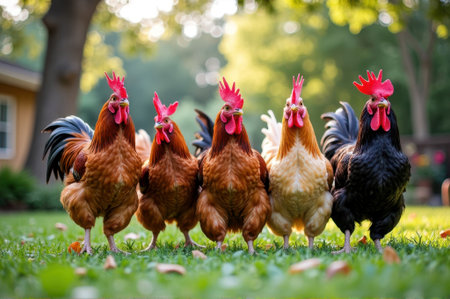 Colorful roosters in green garden with lush trees and bright sunlight. That the image is generated using AI.の素材