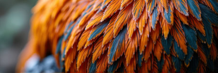 Close-up of vibrant orange and blue bird feathers with intricate details. That the image is generated using AI.の素材