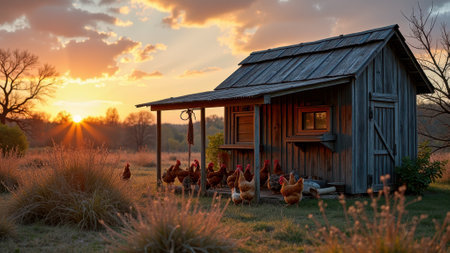 Chickens roaming around rustic coop at sunset in rural landscape. That the image is generated using AI.の素材