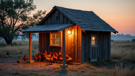Chickens gather around wooden coop at sunset in rural landscape. That the image is generated using AI.の素材