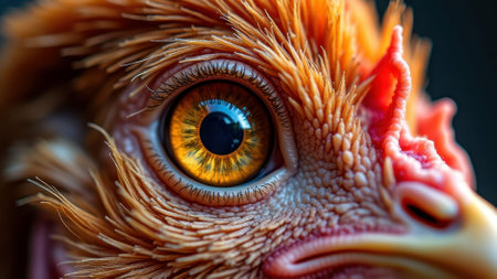 Close-up of chicken eye with detailed feathers and vibrant colors. That the image is generated using AI.の素材