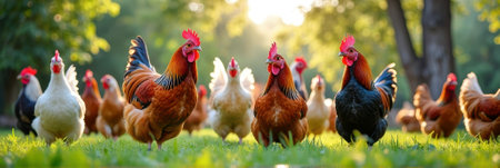 Colorful roosters and hens in sunlit green pasture. That the image is generated using AI.の素材
