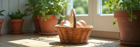Sunny kitchen herb garden with basket of fresh eggs on wooden floor. That the image is generated using AI.の素材