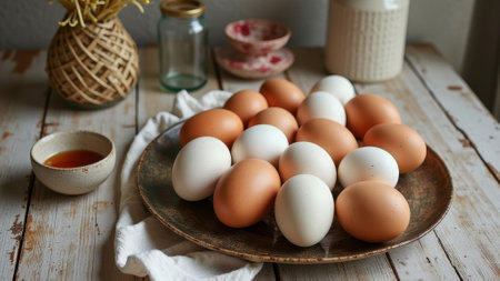Variety of brown and white eggs on rustic wooden table setting. That the image is generated using AI.の素材