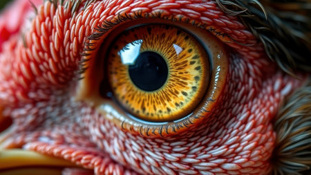 Close-up of vibrant orange chicken eye with detailed feathers and textures. That the image is generated using AI.の素材