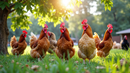 Group of chickens grazing on lush green grass in sunlit farm setting. That the image is generated using AI.の素材