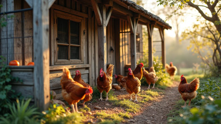 Rustic chicken coop with free-range chickens at sunrise. That the image is generated using AI.の素材