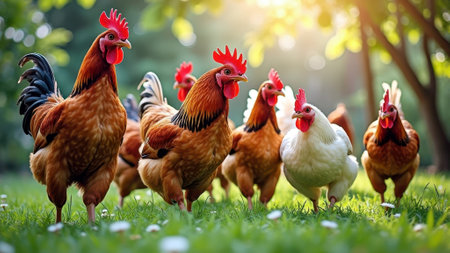 Group of vibrant chickens roaming freely in sunlit green meadow. That the image is generated using AI.の素材