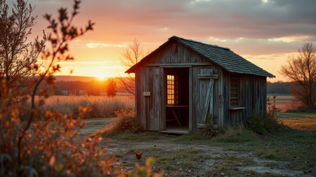 Rustic wooden shed at sunset in tranquil countryside landscape. That the image is generated using AI.の素材