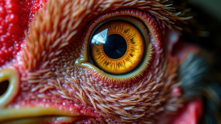 Close-up of vibrant orange chicken eye with detailed feathers and reflection. That the image is generated using AI.の素材