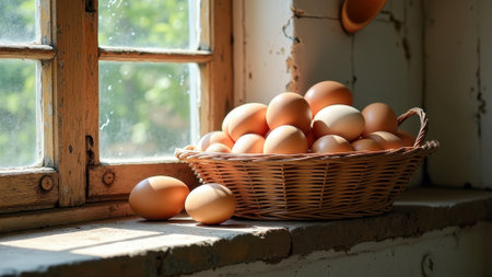 Basket of fresh brown eggs on rustic windowsill in sunlight. That the image is generated using AI.の素材