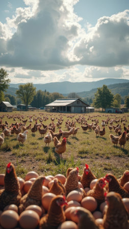Free-range chickens roaming pasture with farmhouse and eggs in foreground. That the image is generated using AI.の素材