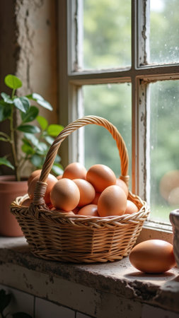 Rustic basket of fresh brown eggs by sunlit window. That the image is generated using AI.の素材