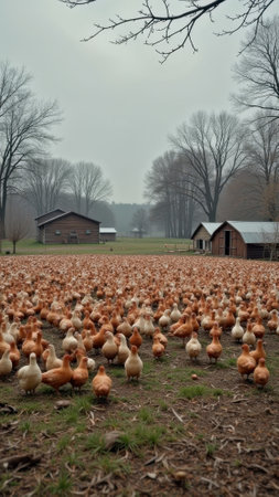 Flock of ducks in peaceful pastoral countryside farm scene. That the image is generated using AI.の素材