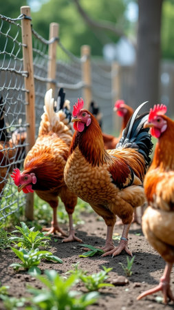 Colorful roosters in farmyard with fenced pathway and greenery. That the image is generated using AI.の素材