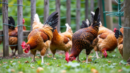 Group of colorful roosters foraging in a vibrant outdoor farm setting. That the image is generated using AI.の素材