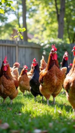 Free-range chickens roaming in sunny backyard farm setting. That the image is generated using AI.の素材