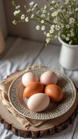 Fresh farm eggs on decorative plate with chamomile arrangement. That the image is generated using AI.の素材