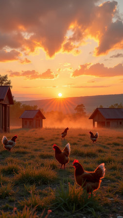 Chickens roaming a serene farm at sunrise with stunning sky and warm glow. That the image is generated using AI.の素材