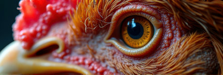Close-up of hen's eye with detailed red feathers and textured beak. That the image is generated using AI.の素材