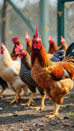 Vibrant roosters and chickens outdoors in sunlit coop. That the image is generated using AI.の素材