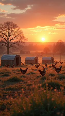 Peaceful farm sunrise with chickens roaming in morning light. That the image is generated using AI.の素材