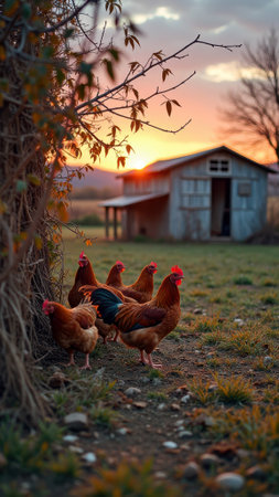 Chickens roaming farm at sunset with rustic barn in background. That the image is generated using AI.の素材